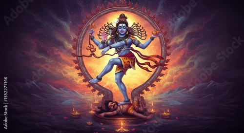Lord Shiva Nataraja Dancing Illustration with Aureole of Flames and God