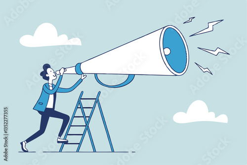 Amplify megaphone, communication voice or advertising message, important announcement loud shouting, broadcast word, message or information concept, businessman shouting on big amplifier megaphone.