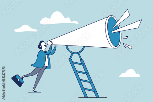 Amplify megaphone, communication voice or advertising message, important announcement loud shouting, broadcast word, message or information concept, businessman shouting on big amplifier megaphone.