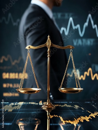 Businessman Balancing Scales of Justice - A businessman stands behind scales of justice, symbolizing fairness, equity, balance, accountability, and legal proceedings in business photo