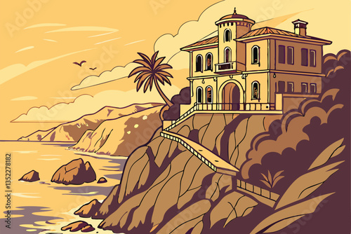 11 Coastal cliff mansion, Mediterranean architecture, dramatic oceanfront, rugged rocky coastline, azure blue sea, golden hour lighting, panoramic view, tiered balconies, secluded luxury retreat, cine