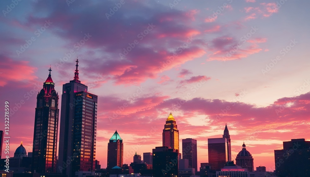 Obraz premium City Skyline Sunset Pink Cloudscape Urban Landscape