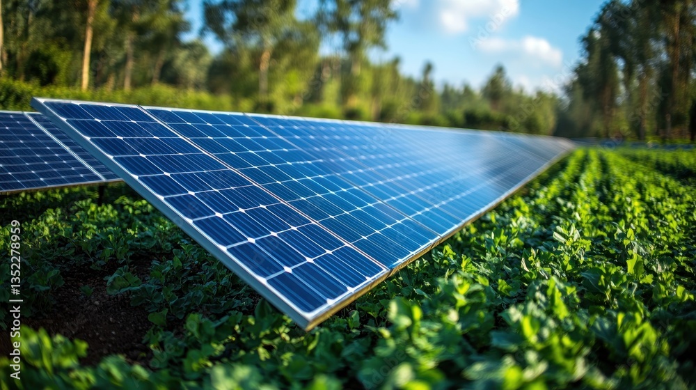 Sustainable Energy: Solar Panels in a Lush Green Field Sustainable Energy: Solar Panels in a Lush Green Field