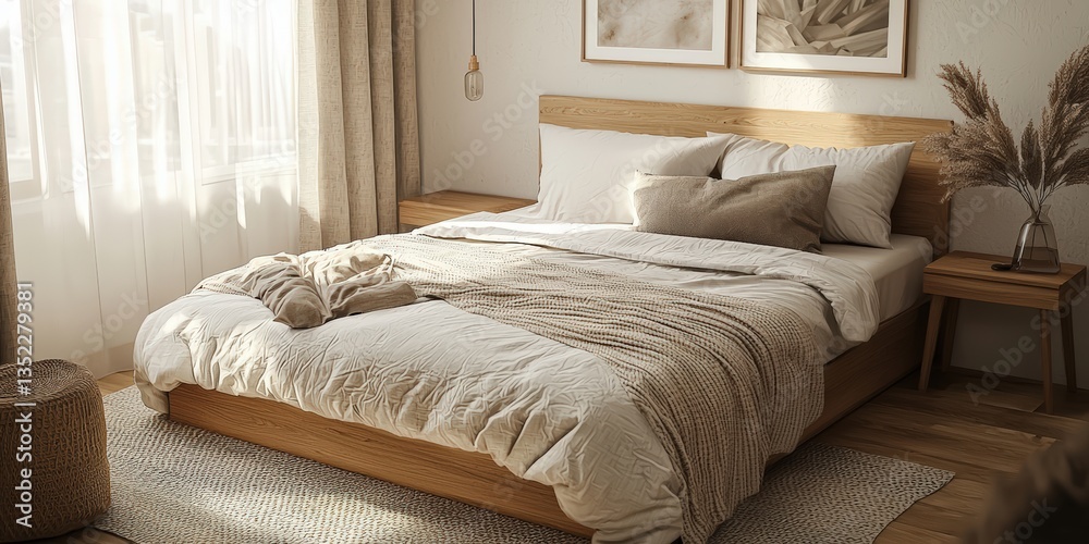 Obraz premium a cozy bedroom with a wooden bed, a bedside table with a vase, and a window with curtains 
