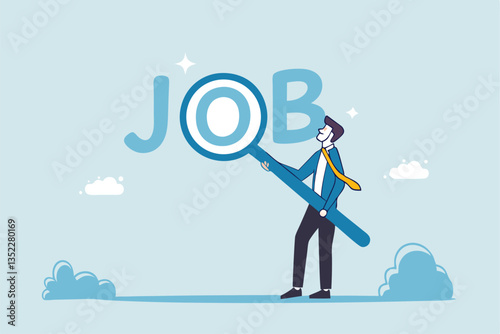 Job search, employee finding new job, career opportunity, employment or recruitment, applicant or candidate search online website concept, businessman magnifying glass searching for new job.
