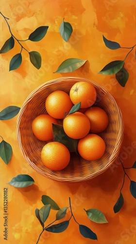 Fresh Oranges in a Woven Basket on an Orange Background With Autumn Leaves Sc...