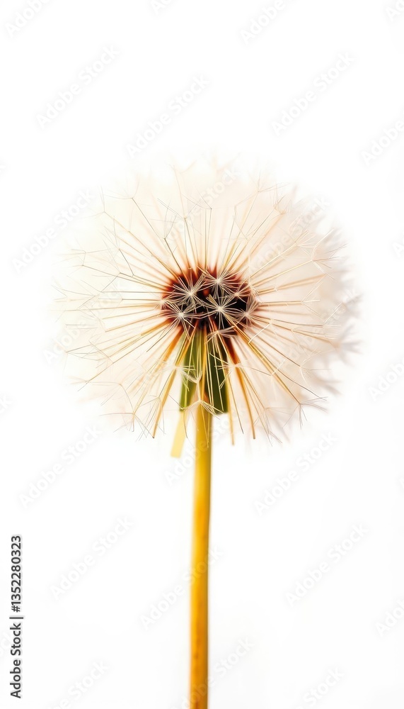Fototapeta premium Abstract dandelion seed head, delicate gold accents on white background , wispy, floral