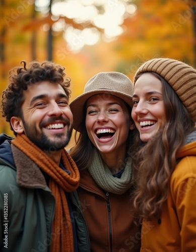 Joyful friends explore the beauty of autumn, reveling in laughter and creating unforgettable memories among brilliant foliage in nature's embrace Generative AI