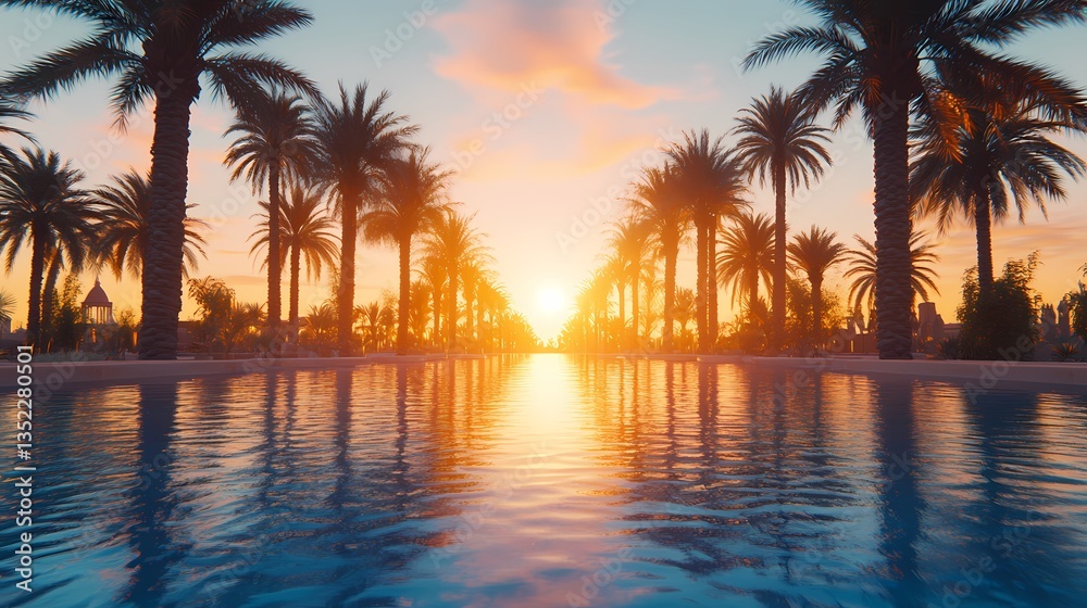 Fototapeta premium Sunset view of palm trees lining a tranquil pool