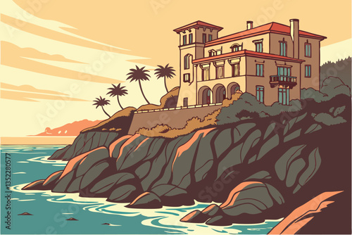 11 Coastal cliff mansion, Mediterranean architecture, dramatic oceanfront, rugged rocky coastline, azure blue sea, golden hour lighting, panoramic view, tiered balconies, secluded luxury retreat, cine