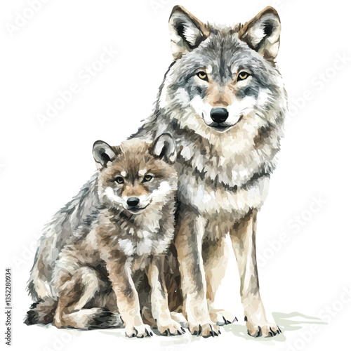 A watercolor vector painting of a mother wolf with her kid, isolated on a white background. Mother wolf vector.

