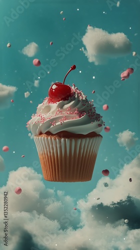 Cupcake With Cherry on Top Surrounded by Whimsical Clouds at Soft Pastel Back...