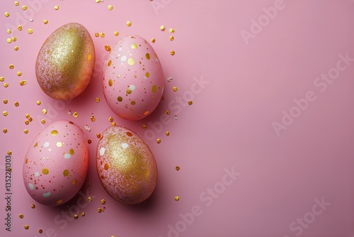 Easter Eggs Decorated With Gold Specks on a Pastel Pink Background