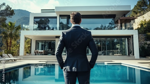 Luxury Real Estate: Man Admiring Modern Villa with Pool