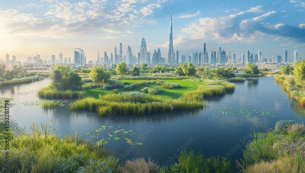 Fototapeta premium Scenic view of a city skyline next to a lush green landscape