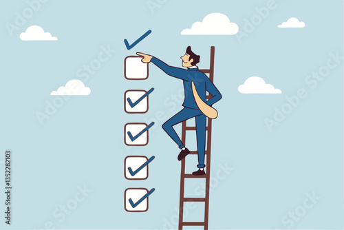 Criteria checklist report, evaluation list, complete checkbox, finish work, to do list or task done, quality assurance control, checkmark concept, businessman put tick on completion checklist.