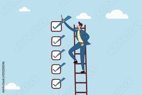 Criteria checklist report, evaluation list, complete checkbox, finish work, to do list or task done, quality assurance control, checkmark concept, businessman put tick on completion checklist.