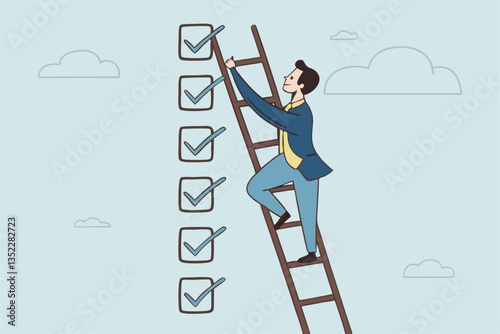Criteria checklist report, evaluation list, complete checkbox, finish work, to do list or task done, quality assurance control, checkmark concept, businessman put tick on completion checklist.