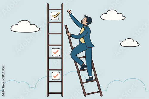 Criteria checklist report, evaluation list, complete checkbox, finish work, to do list or task done, quality assurance control, checkmark concept, businessman put tick on completion checklist.