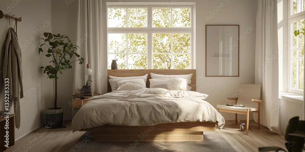 Fototapeta premium a bedroom with a bed, a bedside table, and a chair