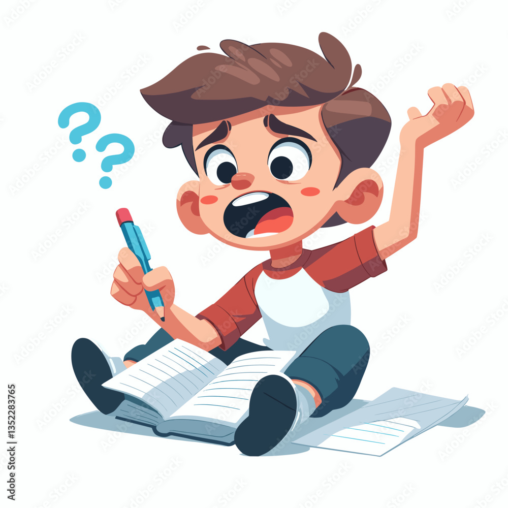 Young boy frustrated with homework sitting on the floor with copy space Young boy frustrated with homework sitting on the floor with copy space