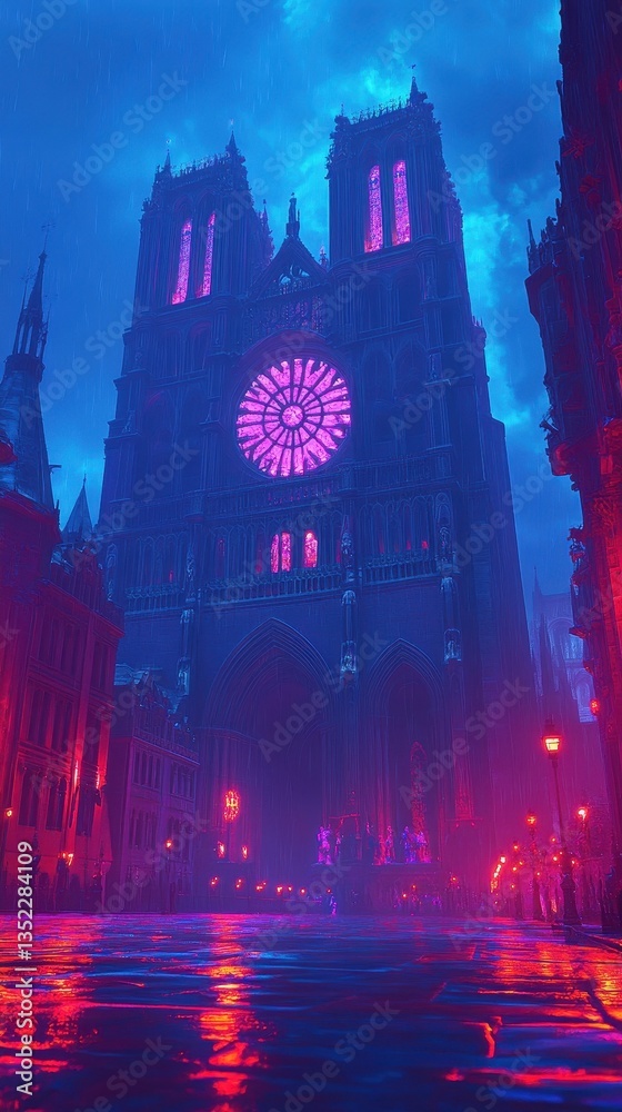 Fototapeta premium A gothic cathedral glows on a rainy night with vibrant colors