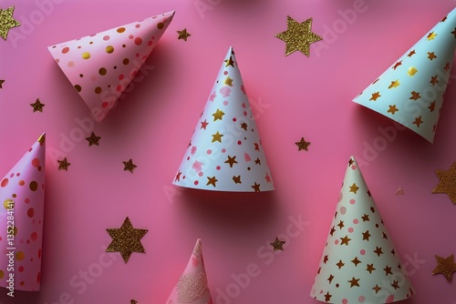 Brightly Colored Party Hats and Gold Stars Arranged on a Pink Background for ...