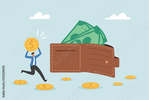 Salary, wages or income, making money profit, cash or economics, financial saving, investment or expense, spending, salary payroll, compensation concept, businessman hold money with wallet banknotes.