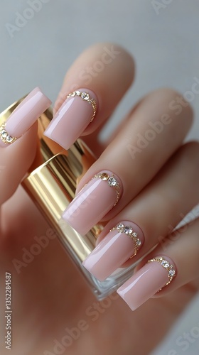 Elegant Nail Design Featuring Nude Polish and Shimmering Rhinestones