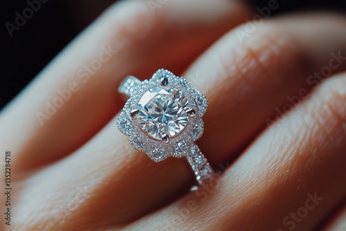 Engagement Ring Adorned With Sparkling Diamonds Held Delicately in a Hand