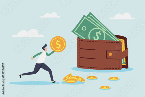 Salary, wages or income, making money profit, cash or economics, financial saving, investment or expense, spending, salary payroll, compensation concept, businessman hold money with wallet banknotes.