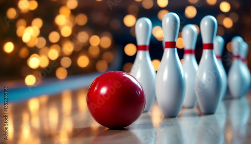 bowling alley, red bowling ball, white bowling pins, bokeh lights background, closeup shot