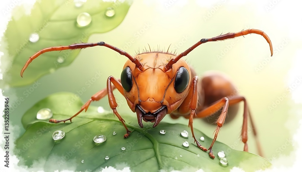 Fototapeta premium Focused Ant Standing on Leaf with Water Droplets, Macro Close Up