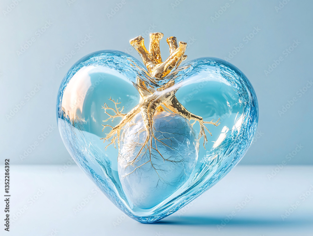 Fototapeta premium a clear, three-dimensional model of a human heart made of glass. The heart is transparent, allowing the internal vasculature to be visible. The background is a uniform light blue color.
