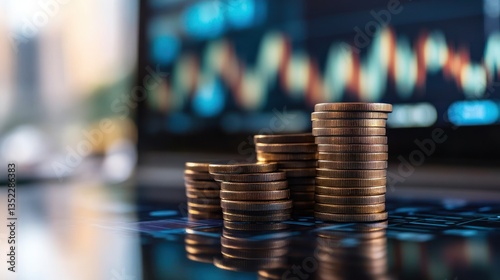 Stacks of coins in front of a financial data display