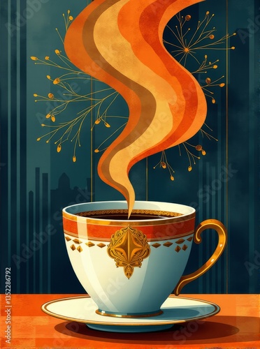 Art Deco Coffee Cup with Steam on Abstract Background Digital Art