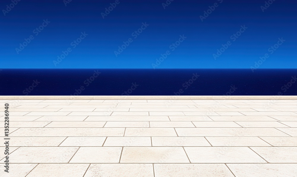 Fototapeta premium Expansive Ocean View with Clear Blue Sky and Tiled Terrace, Ideal for Relaxation and Tranquil Seaside Retreat, Perfect for Travel and Leisure Themes