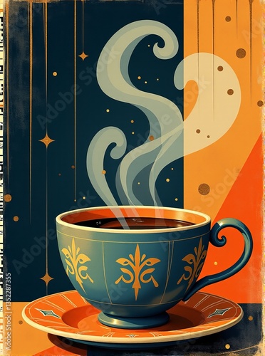 Art Deco Coffee Cup with Steam on Abstract Background Digital Art