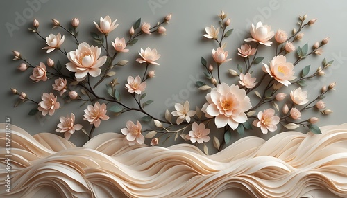 Elegant flowers in peach tones bloom in layered waves on a soft backdrop