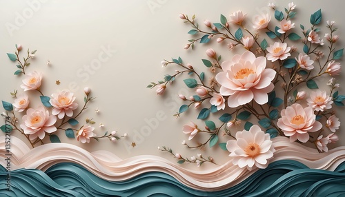 Elegant flowers in peach tones bloom in layered waves on a soft backdrop