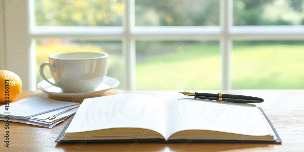 Fototapeta premium Morning writing routine cozy home office image of coffee and notebook bright natural light creative inspiration