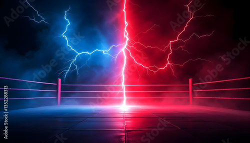 Electrifying lightning storm, red and blue divide, neon city skyline, reflective wet street
