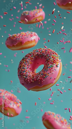 Colorful Donuts With Sprinkles Float Against a Blue Background in a Delightfu...