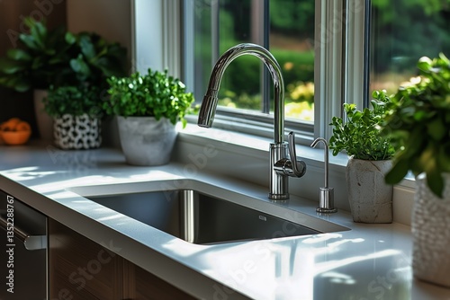 Fresh Herbs and Ripe Tomatoes in a Sunlit Kitchen With a Modern Sink and Wind...