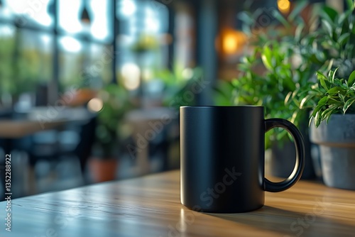 Black Mug on Wooden Table in a Cozy Cafe With Plants During Golden Hour