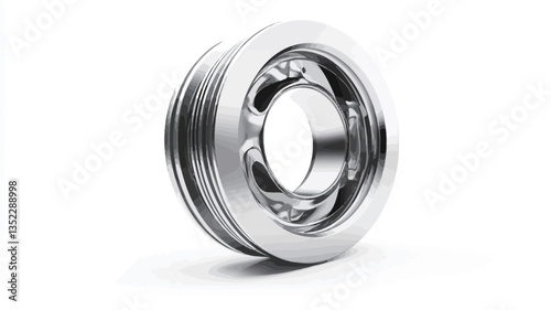 Close-up studio shot of a metallic, cylindrical mechanical component. The object is highly reflective and appears to be made of polished chrome or steel.  The image shows intricate details of the