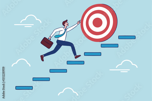 Step or progress to success and reach goal target, leadership to improve personal development, ladder or staircase to achieve goal, aspiration or career path, businessman run up stair to success.