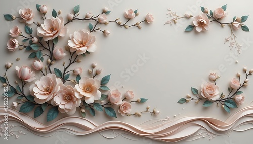 Elegant cherry blossoms in peach color bloom on layered waves on a soft background.