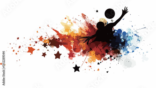 The image is a stylized graphic illustration featuring a black silhouette of a person playing a ball sport, possibly volleyball or soccer. The figure is depicted mid-action, with arms outstretched.