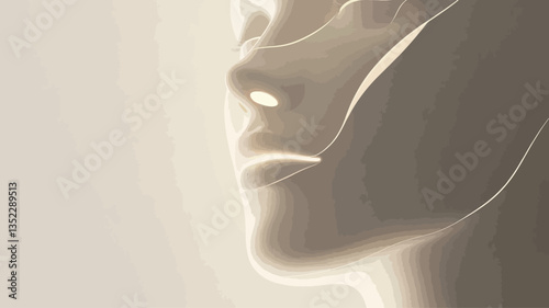 Close-up profile view of an abstract, sculpted human face. The image is rendered in shades of white and beige, with soft lighting highlighting the contours of the face.  The style is minimalist,